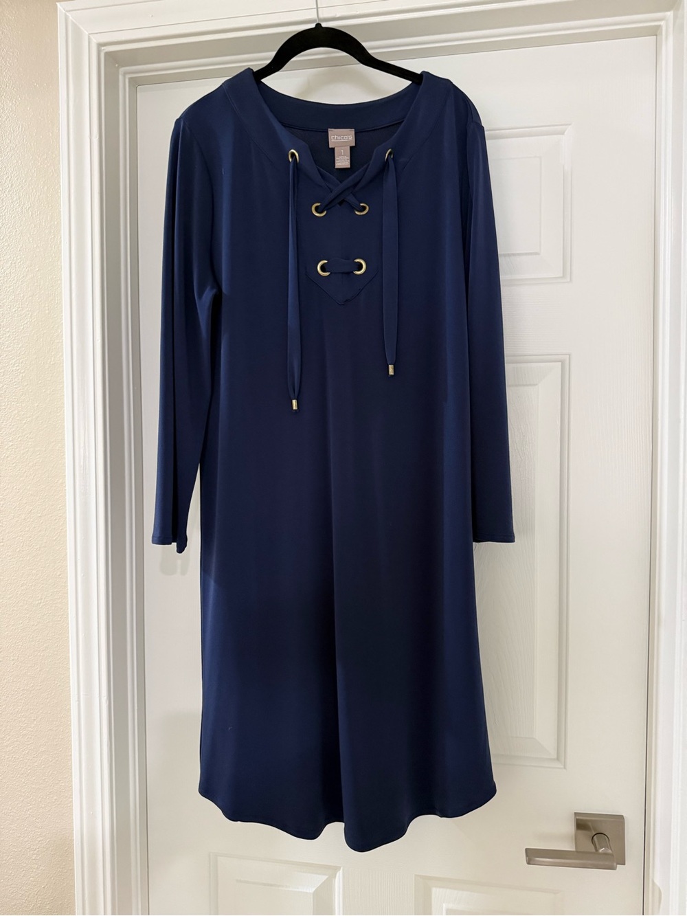 Chico’s Navy Lace-Up Long Sleeve Shift Dress